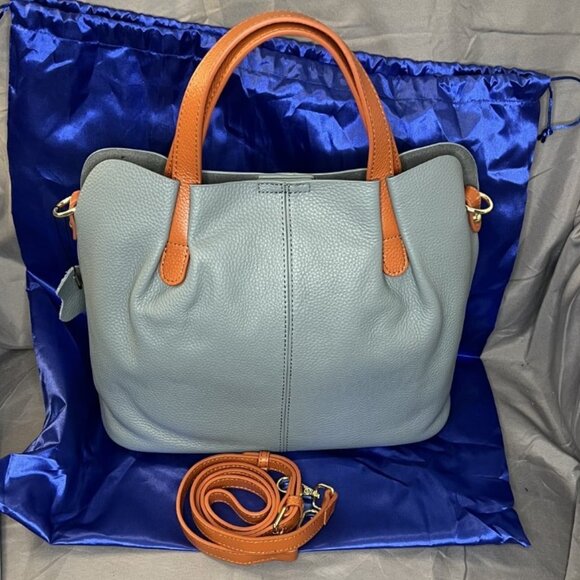 Cyan Blue Leather Tote, Orange Handles & Crossbody Strap, Removable Inner Pouch - Picture 1 of 13